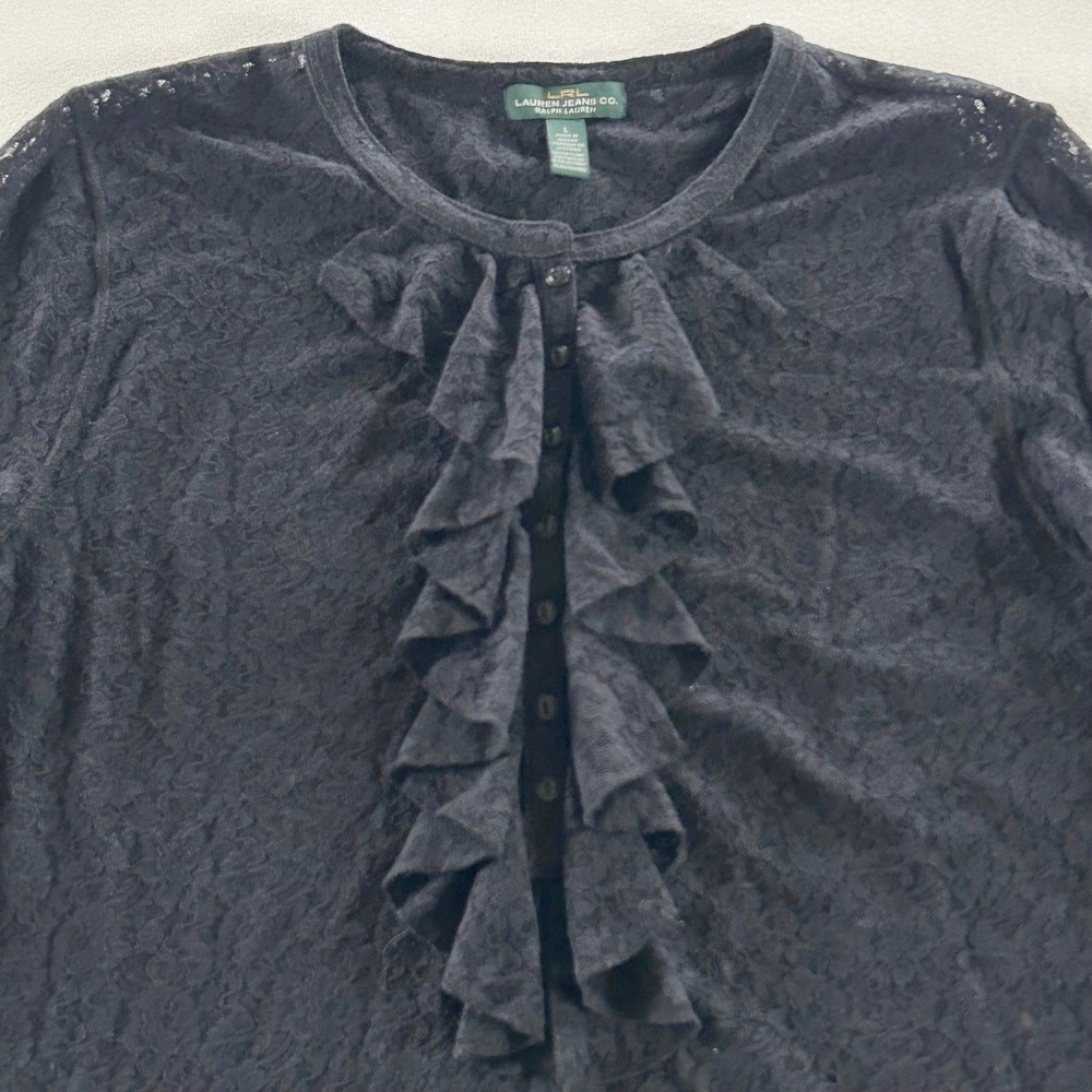 Lauren Jeans Co Ralph Lauren Blouse L Black Lace Ruffle Front Romantic Goth - Picture 7 of 10